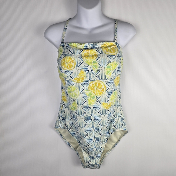 Lands' End Women’s Bandeau OnePiece Tummy Control Blue and Yellow Adj Strap 10 - Picture 1 of 11